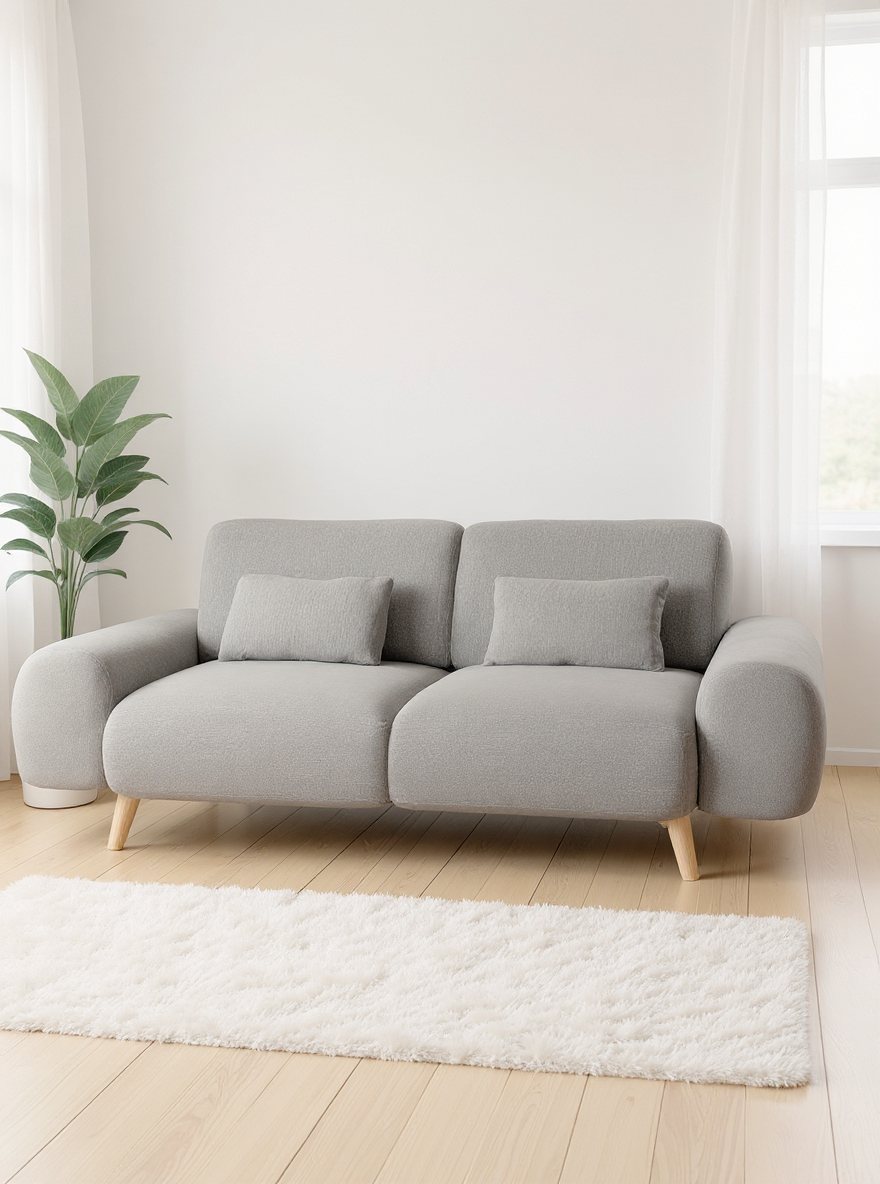 Pilka MILAN kampinė sofa šviesioje svetainėje