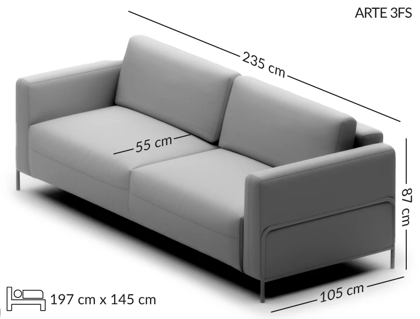 ARTE išskleidžiama trivietė sofa — matmenų brėžinys su nurodytu pločiu, gyliu ir aukščiu