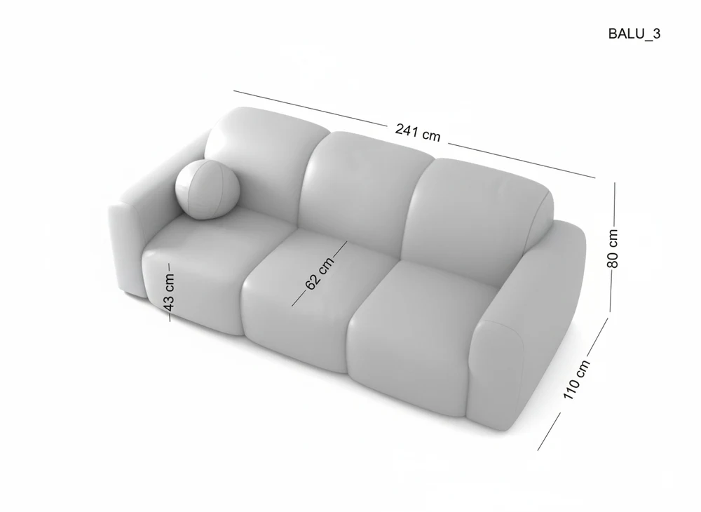 BALU komfortiška trivietė sofa — matmenų brėžinys su nurodytu pločiu, gyliu ir aukščiu