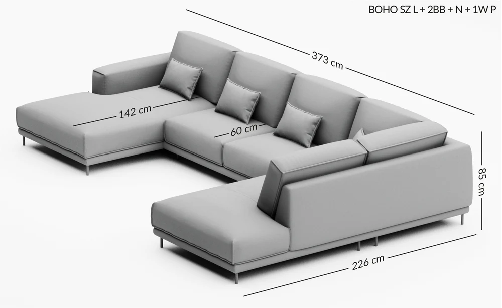 BOHO didelė kampinė sofa svetainei — matmenų brėžinys su nurodytu pločiu, gyliu ir aukščiu