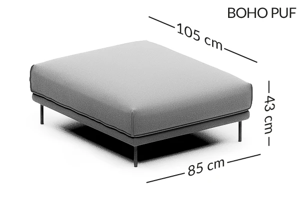BOHO erdvus pufas modulinei programai — matmenų brėžinys su nurodytu pločiu, gyliu ir aukščiu