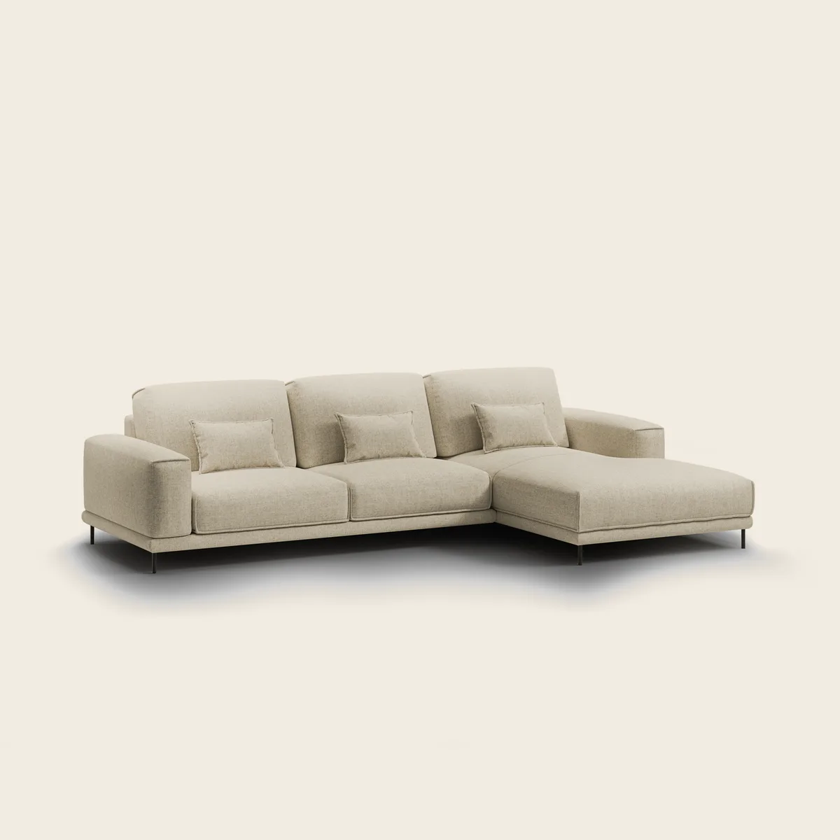 BOHO kampinė sofa su šezlongu dešinėje, bendras konfigūracijos vaizdas