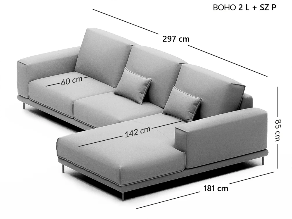 BOHO kampinė sofa su šezlongu — matmenų brėžinys su nurodytu pločiu, gyliu ir aukščiu