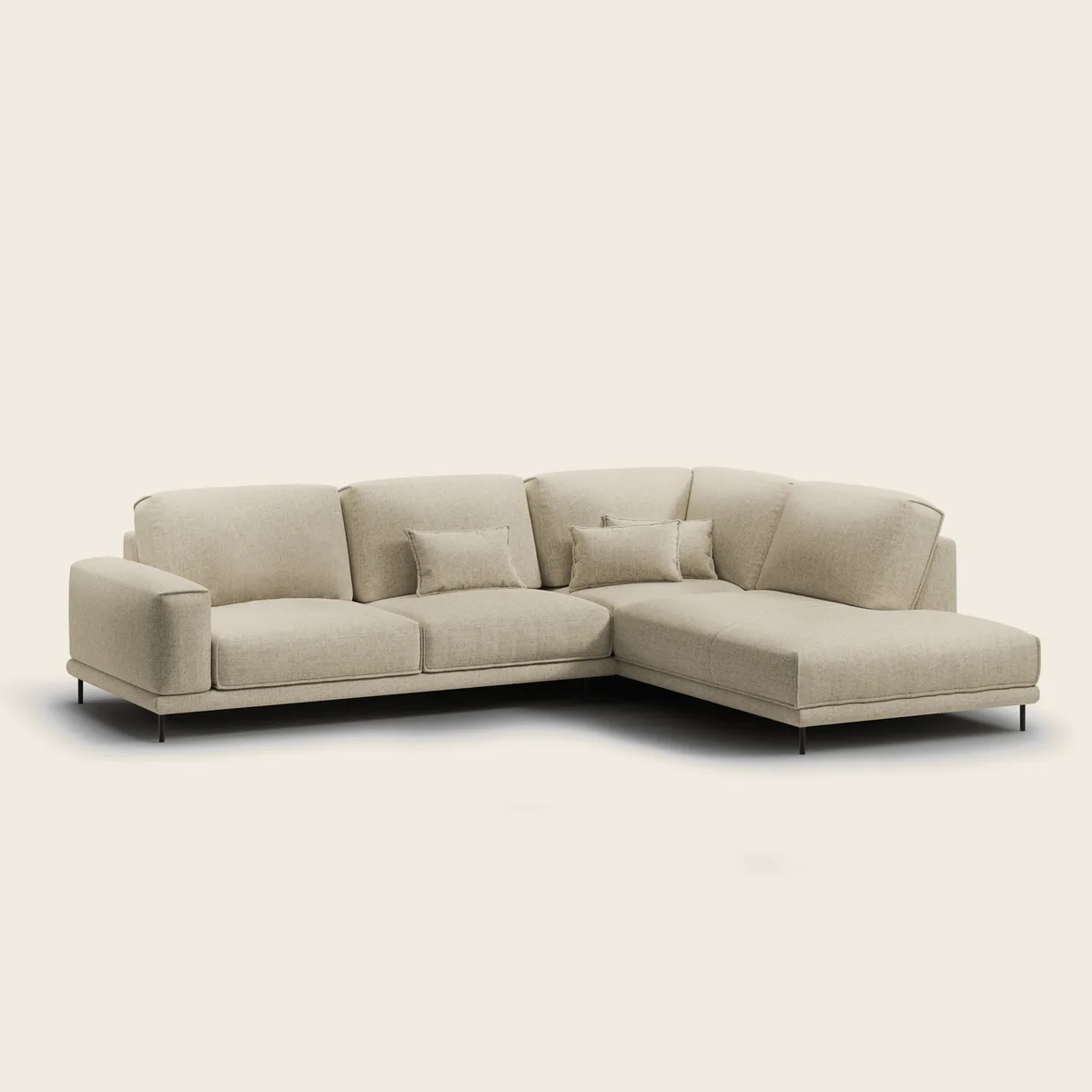 BOHO kampinė sofa su otomane ant aukštų metalinių kojelių