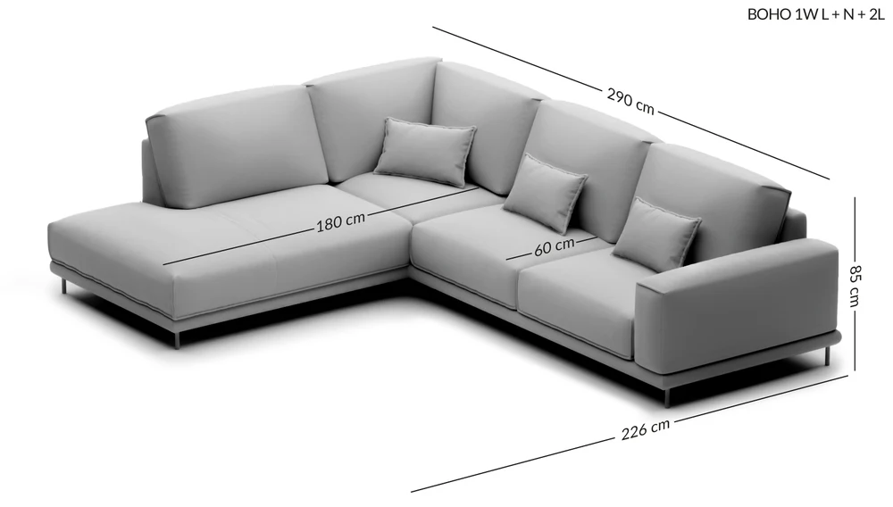 BOHO komfortiška kampinė sofa su otomane — matmenų brėžinys su nurodytu pločiu, gyliu ir aukščiu