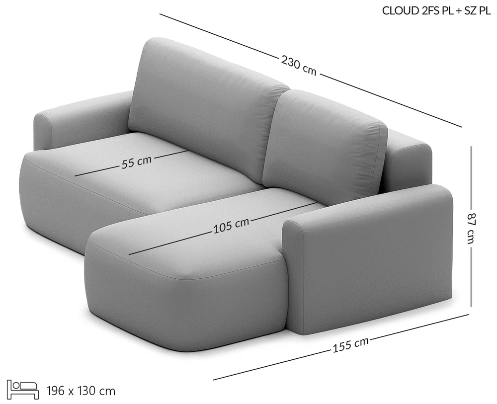 CLOUD apvalių formų kampinė sofa su miego funkcija — matmenų brėžinys su nurodytu pločiu, gyliu ir aukščiu