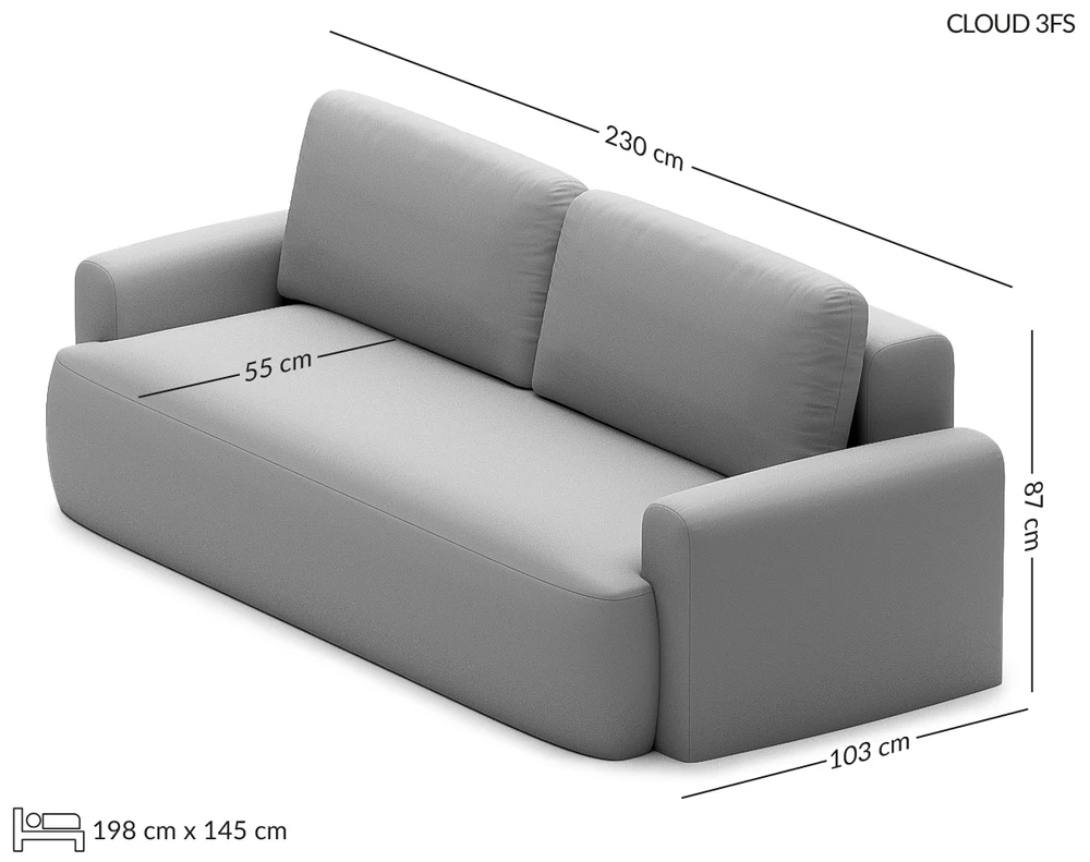 CLOUD išskleidžiama sofa su miego funkcija — matmenų brėžinys su nurodytu pločiu, gyliu ir aukščiu