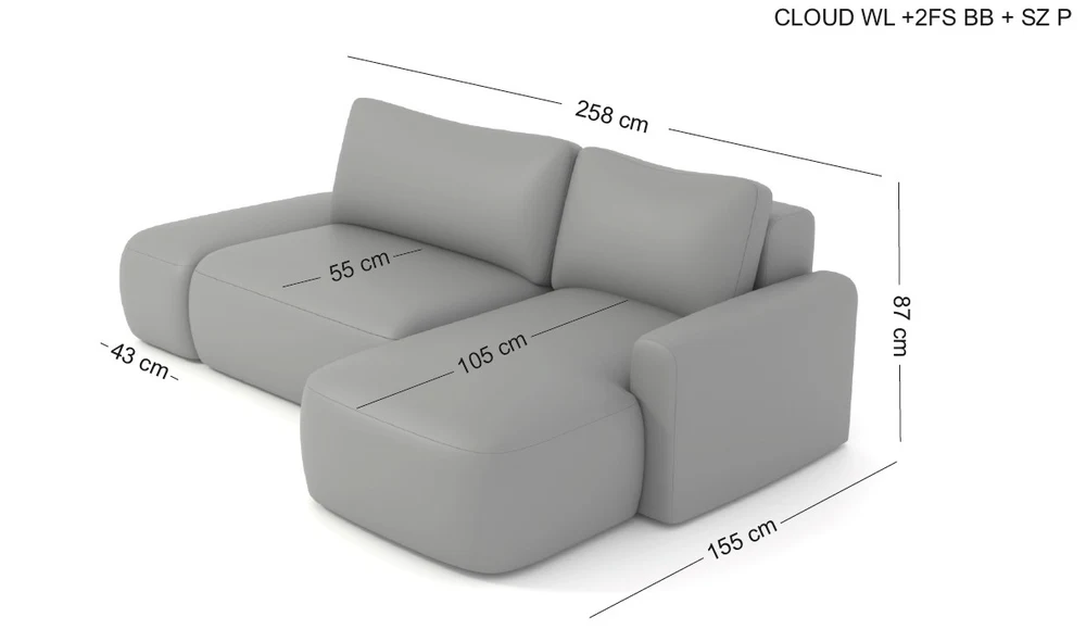 CLOUD kampinė sofa su atjungiamu pufu-pakoja — matmenų brėžinys su nurodytu pločiu, gyliu ir aukščiu