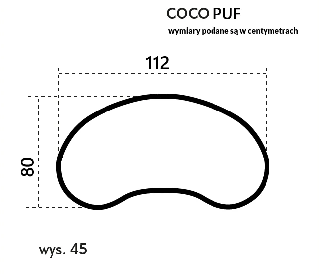 COCO apvalių formų pufas — matmenų brėžinys su nurodytu pločiu, gyliu ir aukščiu