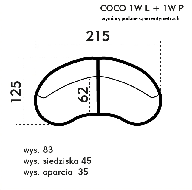 COCO kompaktiška dvivietė sofa — matmenų brėžinys su nurodytu pločiu, gyliu ir aukščiu