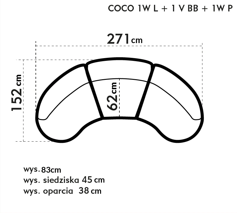 COCO trivietė sofa su juosmens pagalvėle — matmenų brėžinys su nurodytu pločiu, gyliu ir aukščiu