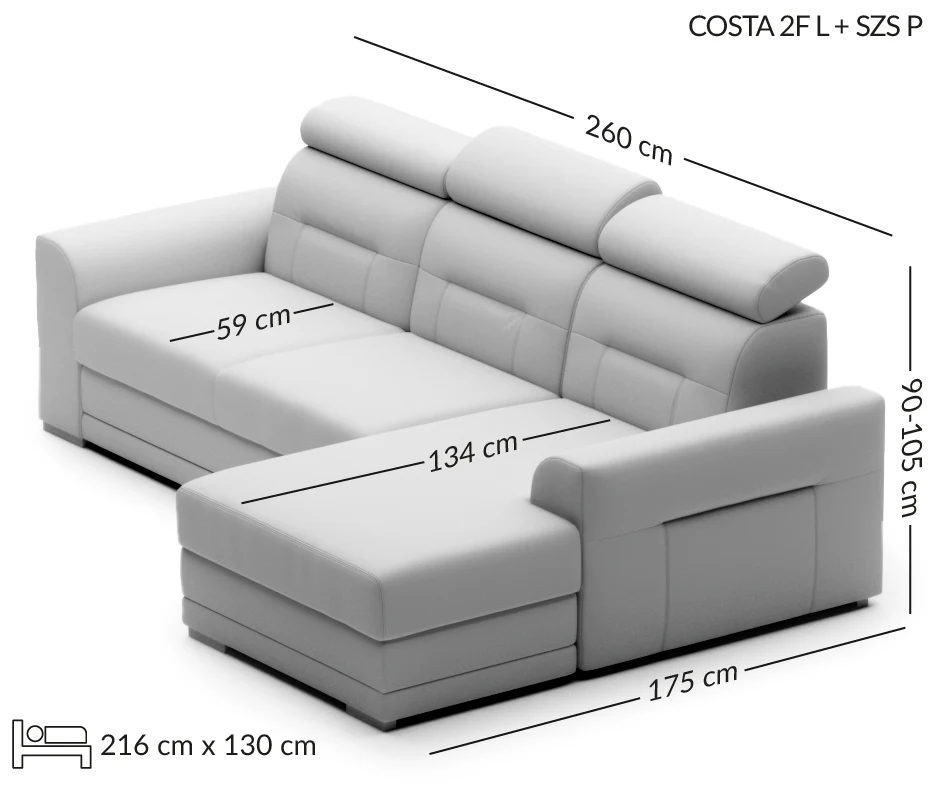 COSTA išskleidžiama kampinė sofa su šezlongu — matmenų brėžinys su nurodytu pločiu, gyliu ir aukščiu