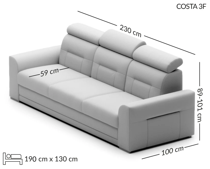 COSTA trivietė sofa su miego funkcija — matmenų brėžinys su nurodytu pločiu, gyliu ir aukščiu