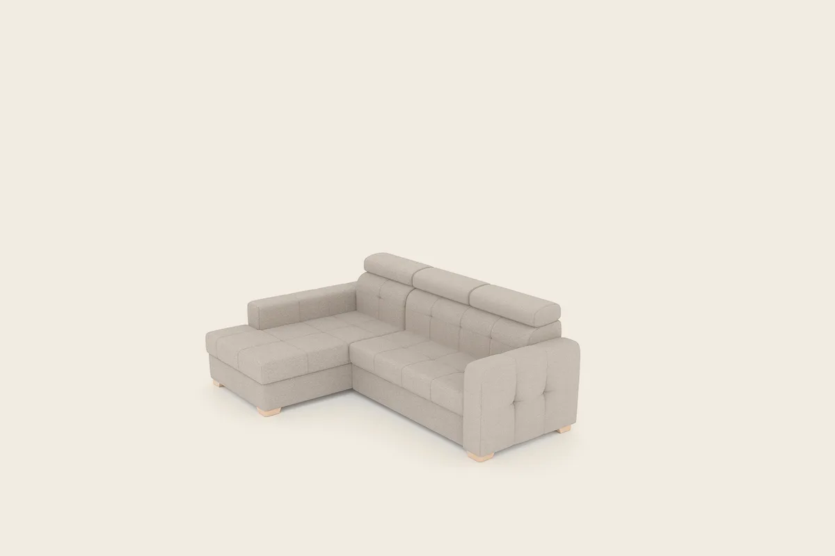 CUBO kampinė sofa iš priekio su dekoratyvinėmis siūlėmis