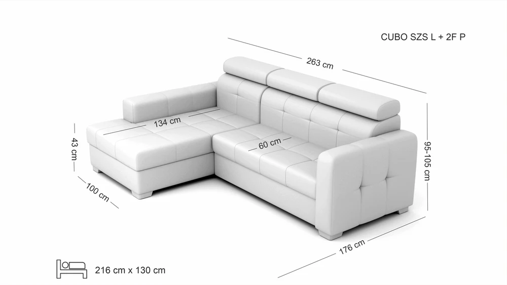 CUBO išskleidžiama kampinė sofa su patalynės dėže — matmenų brėžinys su nurodytu pločiu, gyliu ir aukščiu