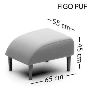 FIGO pakoja su medinėmis kojelėmis — matmenų brėžinys su nurodytu pločiu, gyliu ir aukščiu