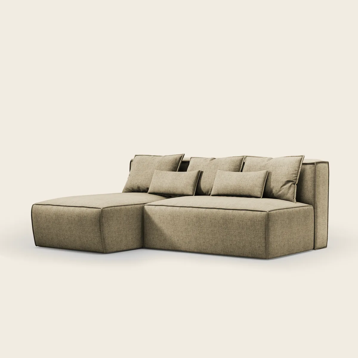 IGO kampinė sofa šviesiu audiniu, matoma iš priekio svetainėje