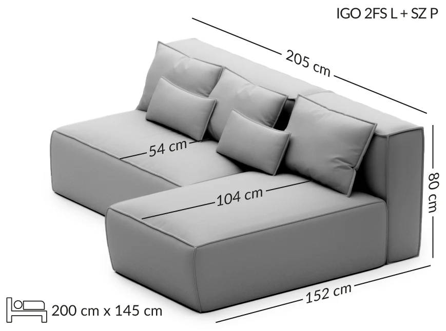 IGO kompaktiška kampinė sofa su miego funkcija — matmenų brėžinys su nurodytu pločiu, gyliu ir aukščiu