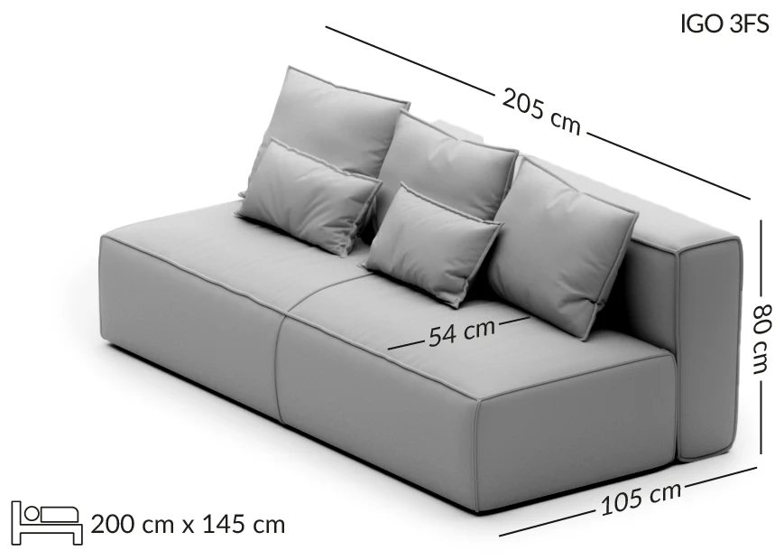 IGO trivietė sofa su miego funkcija — matmenų brėžinys su nurodytu pločiu, gyliu ir aukščiu