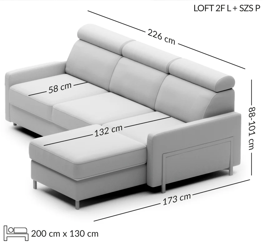 LOFT kampinė sofa su šezlongu — matmenų brėžinys su nurodytu pločiu, gyliu ir aukščiu