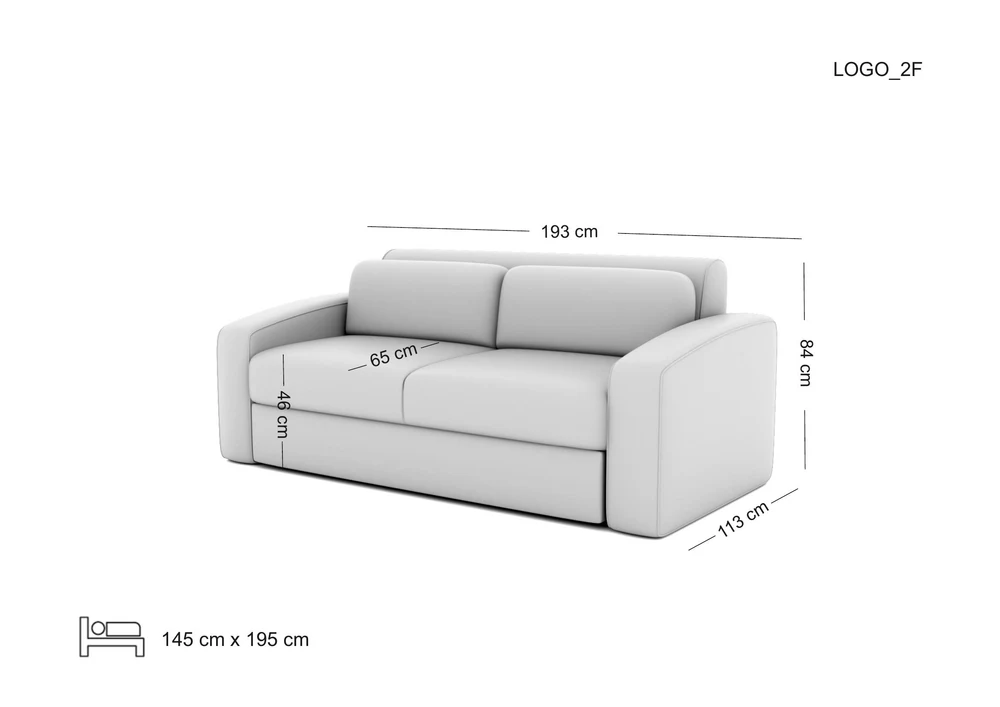 LOGO maža išskleidžiama sofa su miego funkcija — matmenų brėžinys su nurodytu pločiu, gyliu ir aukščiu
