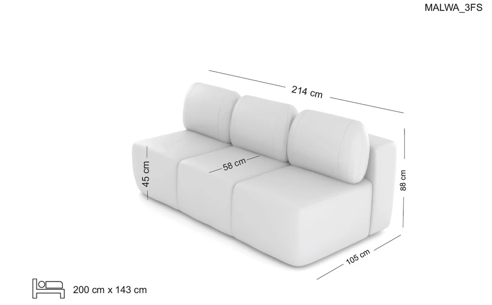 MALWA kompaktiška trivietė sofa su miego funkcija — matmenų brėžinys su nurodytu pločiu, gyliu ir aukščiu