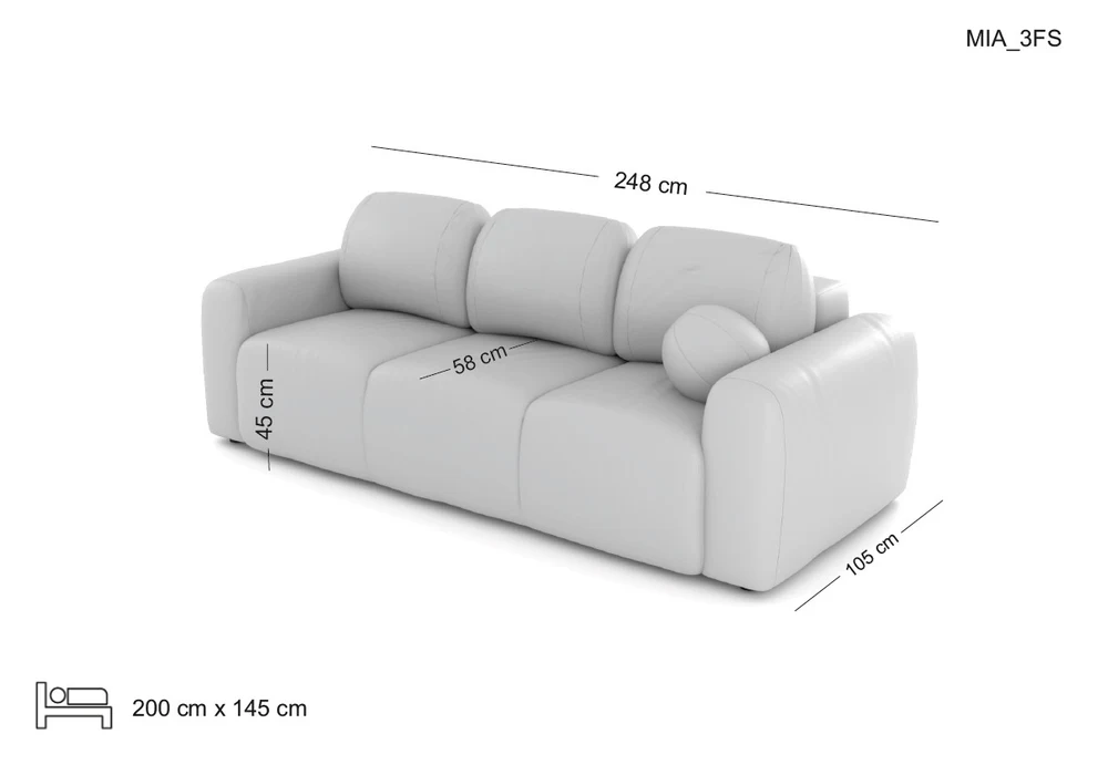 MIA trivietė sofa su miego funkcija — matmenų brėžinys su nurodytu pločiu, gyliu ir aukščiu