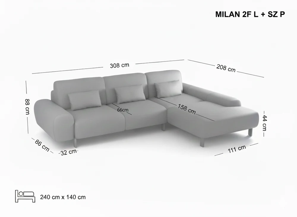 MILAN didelė kampinė sofa su miego funkcija — matmenų brėžinys su nurodytu pločiu, gyliu ir aukščiu