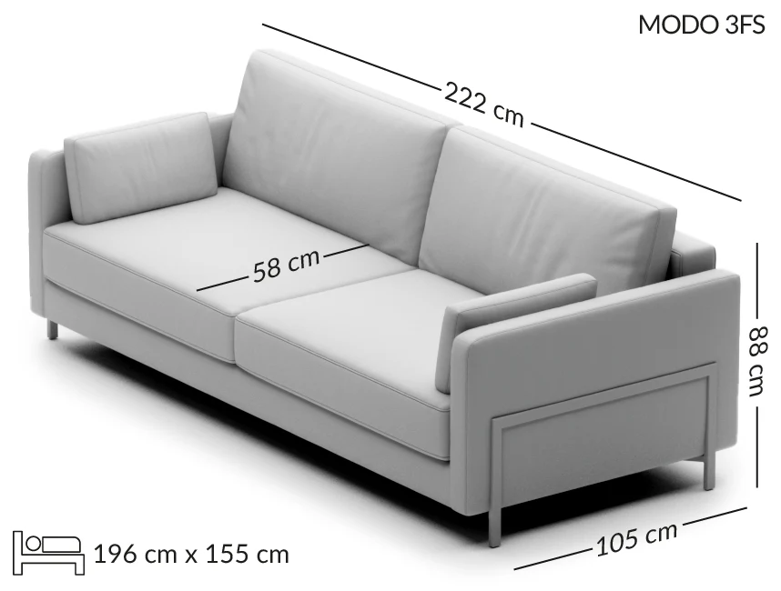 MODO trivietė išskleidžiama sofa su patalynės dėže — matmenų brėžinys su nurodytu pločiu, gyliu ir aukščiu