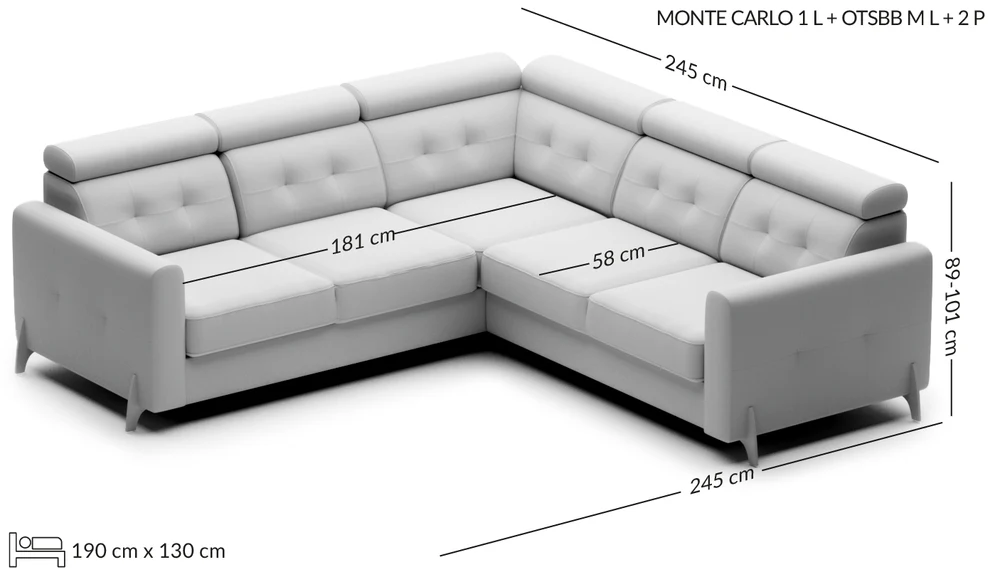 MONTE CARLO didelė kampinė sofa su otomane — matmenų brėžinys su nurodytu pločiu, gyliu ir aukščiu
