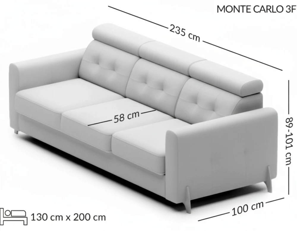 MONTE CARLO išskleidžiama sofa ant chromuotų kojelių — matmenų brėžinys su nurodytu pločiu, gyliu ir aukščiu