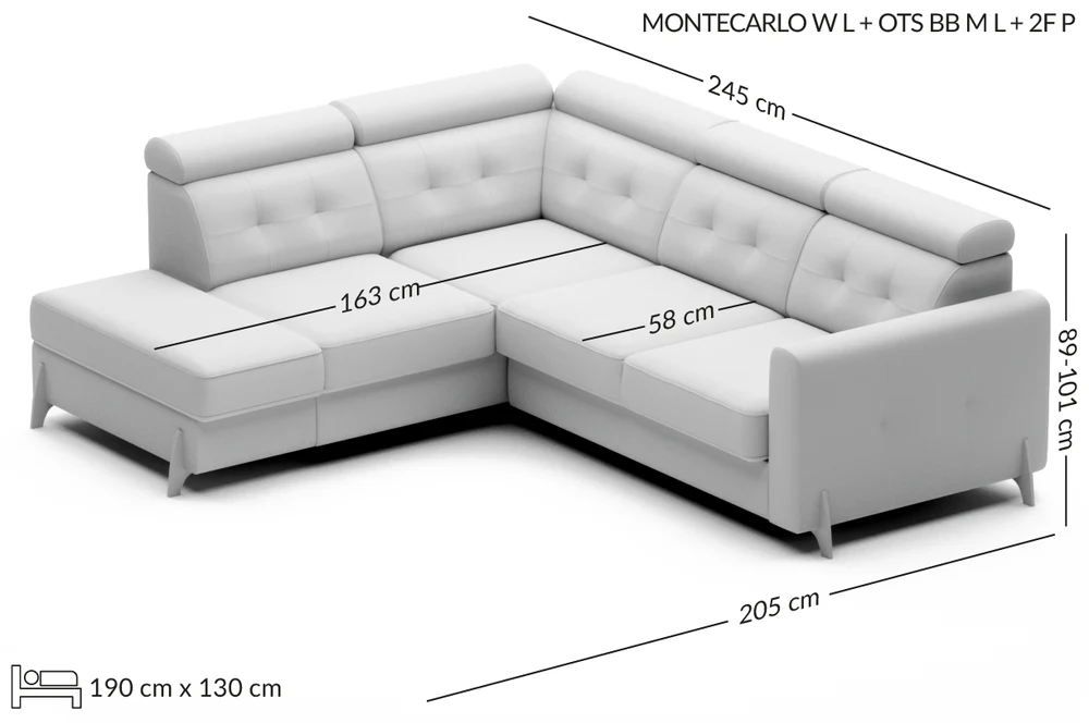 MONTE CARLO kampinė sofa su miego funkcija — matmenų brėžinys su nurodytu pločiu, gyliu ir aukščiu