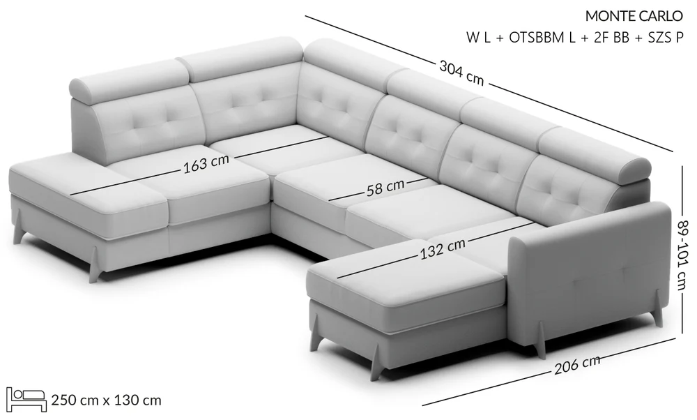 MONTE CARLO U formos išskleidžiama kampinė sofa — matmenų brėžinys su nurodytu pločiu, gyliu ir aukščiu