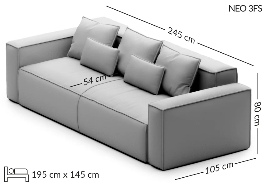 NEO išskleidžiama sofa — matmenų brėžinys su nurodytu pločiu, gyliu ir aukščiu