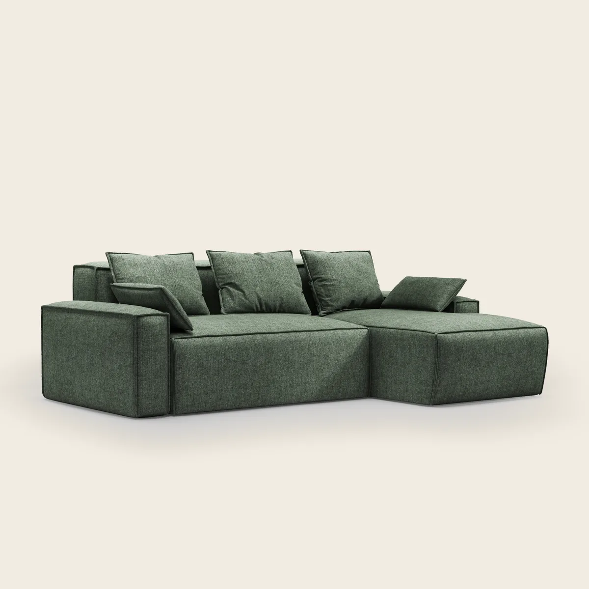 NEO kampinė sofa iš priekio, šviesus audinys ir laisvos pagalvėlės