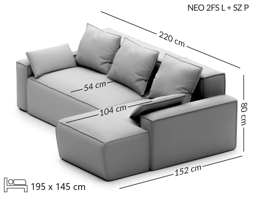 NEO skandinaviško stiliaus išskleidžiama kampinė sofa — matmenų brėžinys su nurodytu pločiu, gyliu ir aukščiu