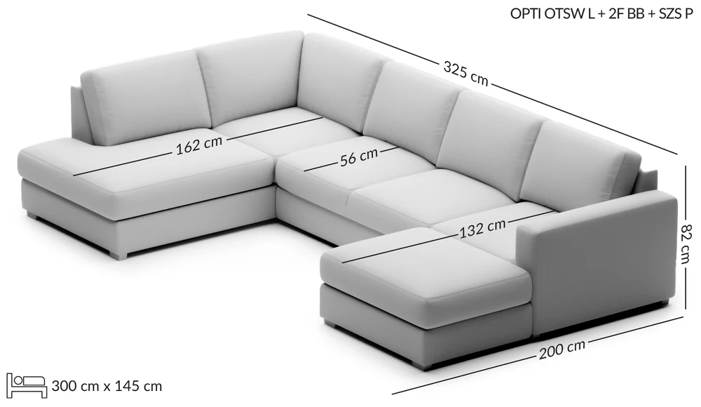 OPTI didelė modulinė kampinė sofa su miego funkcija — matmenų brėžinys su nurodytu pločiu, gyliu ir aukščiu