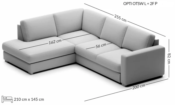 OPTI išskleidžiama kampinė sofa su otomane — matmenų brėžinys su nurodytu pločiu, gyliu ir aukščiu