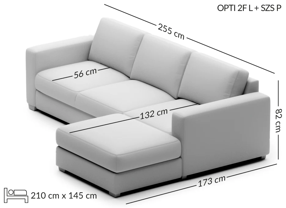OPTI išskleidžiama kampinė sofa su šezlongu — matmenų brėžinys su nurodytu pločiu, gyliu ir aukščiu