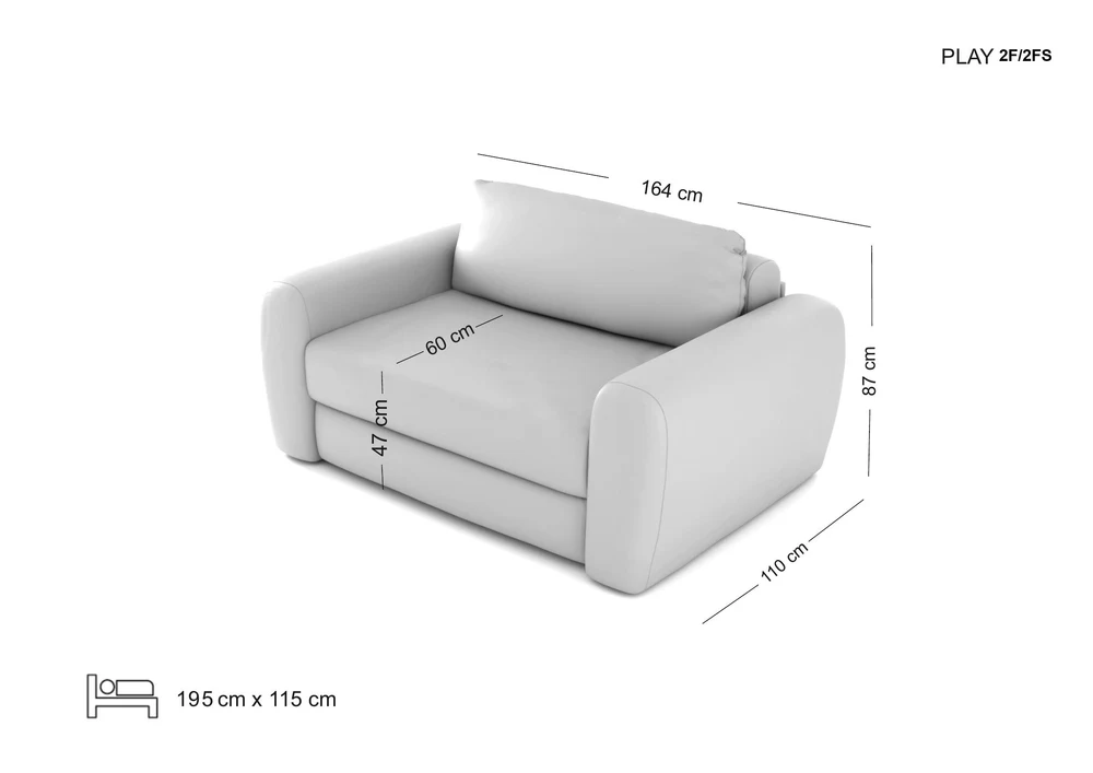 PLAY maža sofa su miego funkcija — matmenų brėžinys su nurodytu pločiu, gyliu ir aukščiu