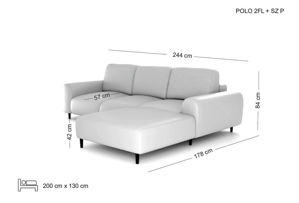 POLO kompaktiška kampinė sofa su miego funkcija — matmenų brėžinys su nurodytu pločiu, gyliu ir aukščiu