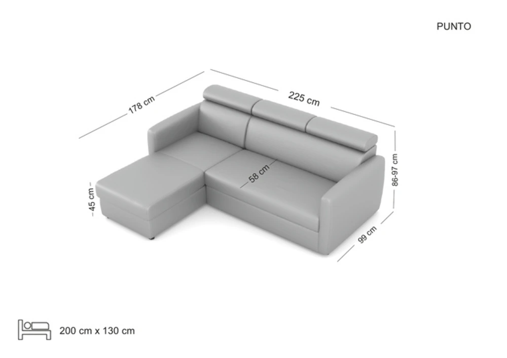 PUNTO kampinė sofa su miego funkcija — matmenų brėžinys su nurodytu pločiu, gyliu ir aukščiu