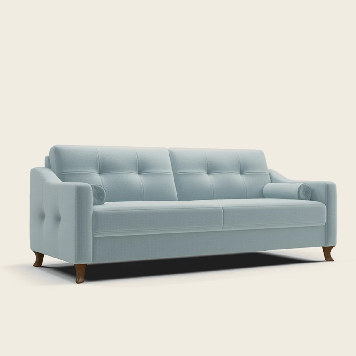 RIMINI sofa su cilindriniais voleliais ir medinėmis kojelėmis svetainėje