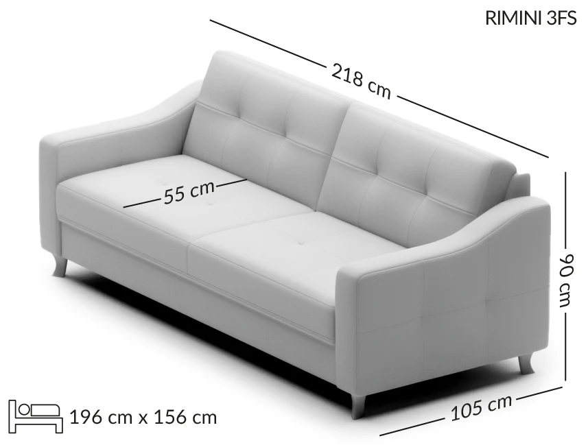 RIMINI išskleidžiama sofa su miego funkcija — matmenų brėžinys su nurodytu pločiu, gyliu ir aukščiu