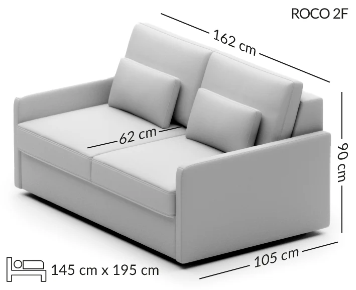 ROCO nedidelė sofa su miego funkcija — matmenų brėžinys su nurodytu pločiu, gyliu ir aukščiu