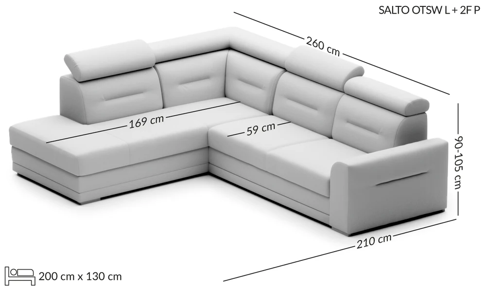 SALTO išskleidžiama L formos kampinė sofa — matmenų brėžinys su nurodytu pločiu, gyliu ir aukščiu