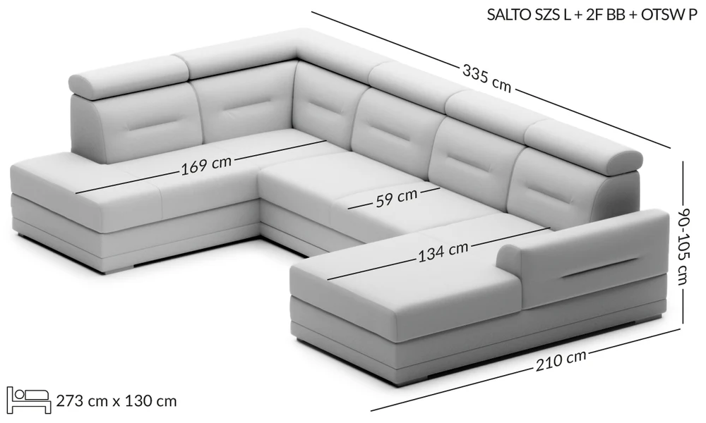 SALTO U formos kampinė sofa — matmenų brėžinys su nurodytu pločiu, gyliu ir aukščiu