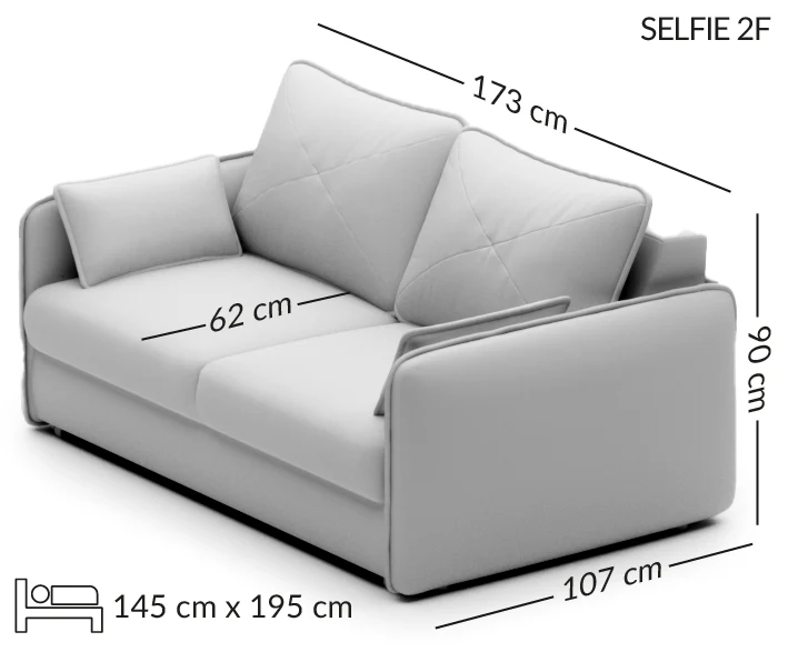 SELFIE maža sofa su miego funkcija — matmenų brėžinys su nurodytu pločiu, gyliu ir aukščiu