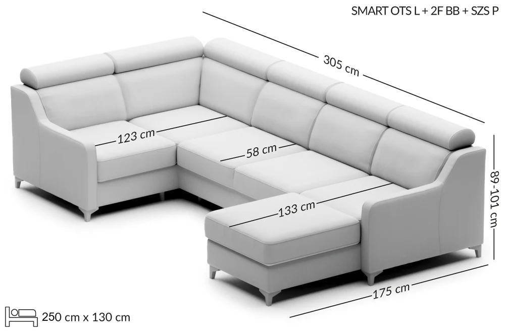 SMART didelė išskleidžiama kampinė sofa — matmenų brėžinys su nurodytu pločiu, gyliu ir aukščiu