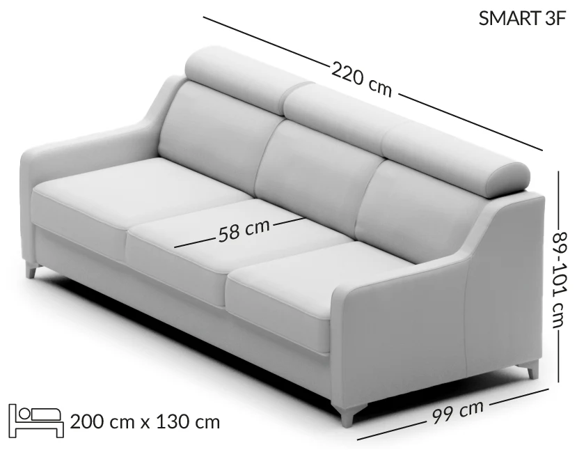 SMART išskleidžiama sofa su miego funkcija — matmenų brėžinys su nurodytu pločiu, gyliu ir aukščiu